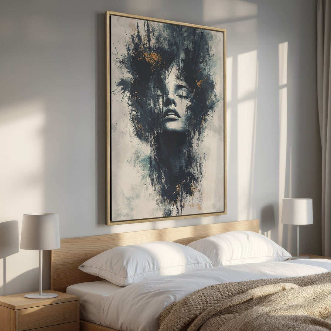 Framed Wall Art: Abstract portrait Canvas Print in moody blues, blacks, and gold. Modern art for bedroom decor, adds a touch of elegance and style.