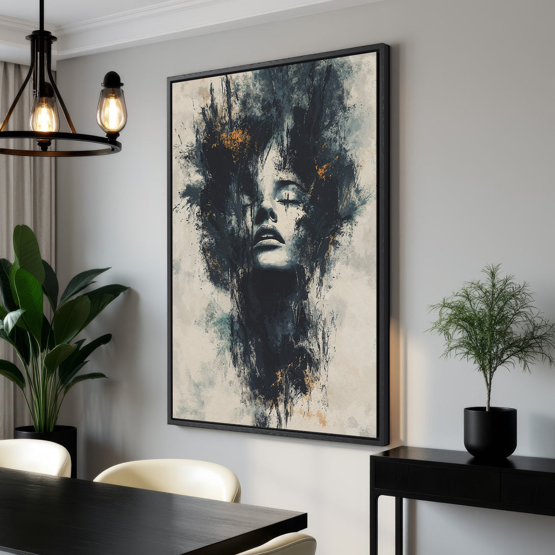 Framed Wall Art: Abstract portrait canvas print in a modern interior. Features a woman's face with dark, moody colors and gold accents. Elevate your space!