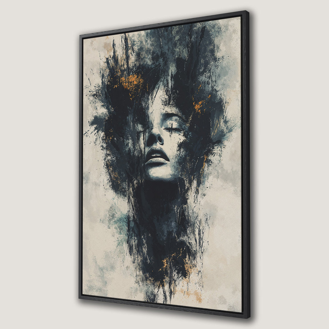 Framed Wall Art: Abstract portrait Canvas Print in a dark, moody color palette with navy, gold, and beige tones. Modern art for your home decor.