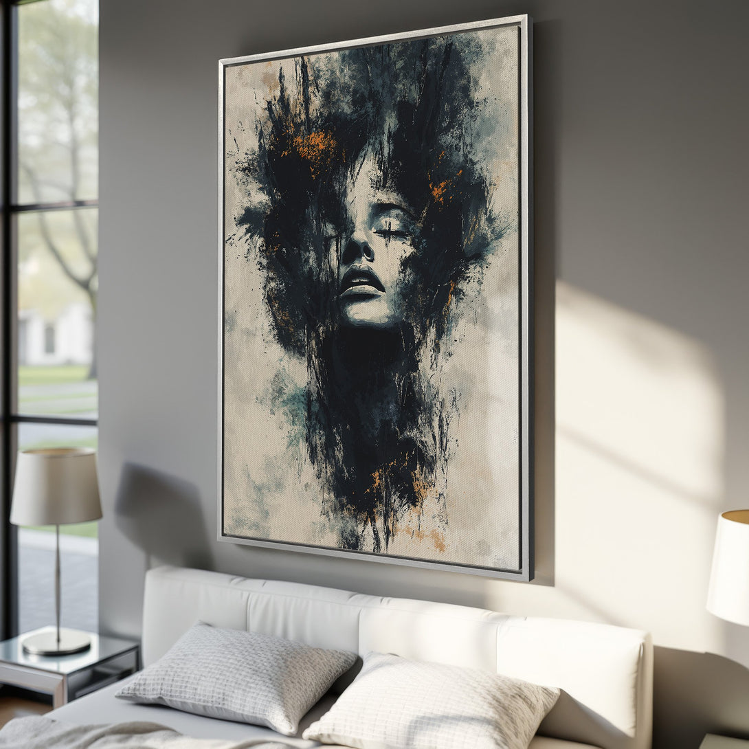 Framed Wall Art: Abstract portrait Canvas Print in moody blues, blacks, and gold tones. Modern art for bedroom decor.