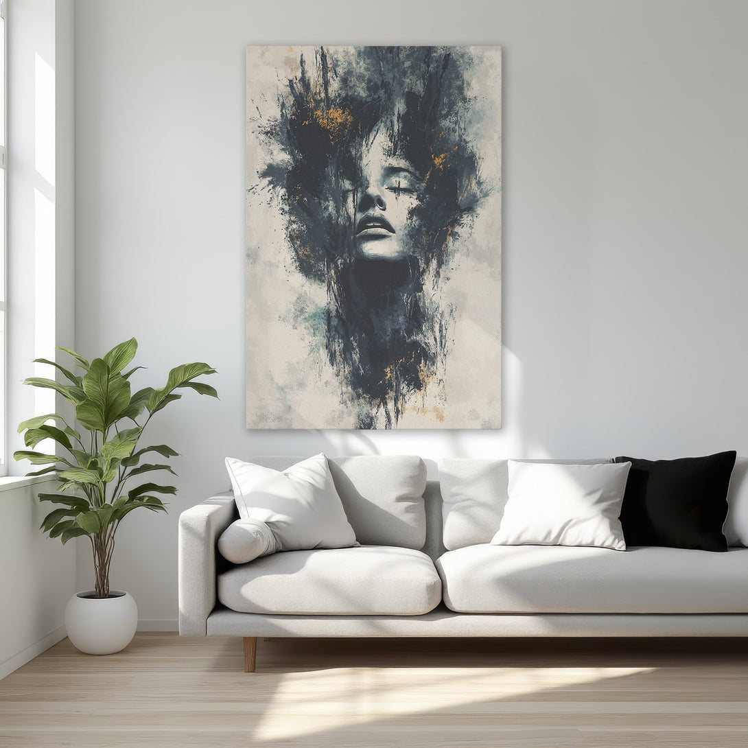 Framed Wall Art featuring an abstract portrait in a moody blue, black, and gold color palette, perfect for adding sophistication to any room.