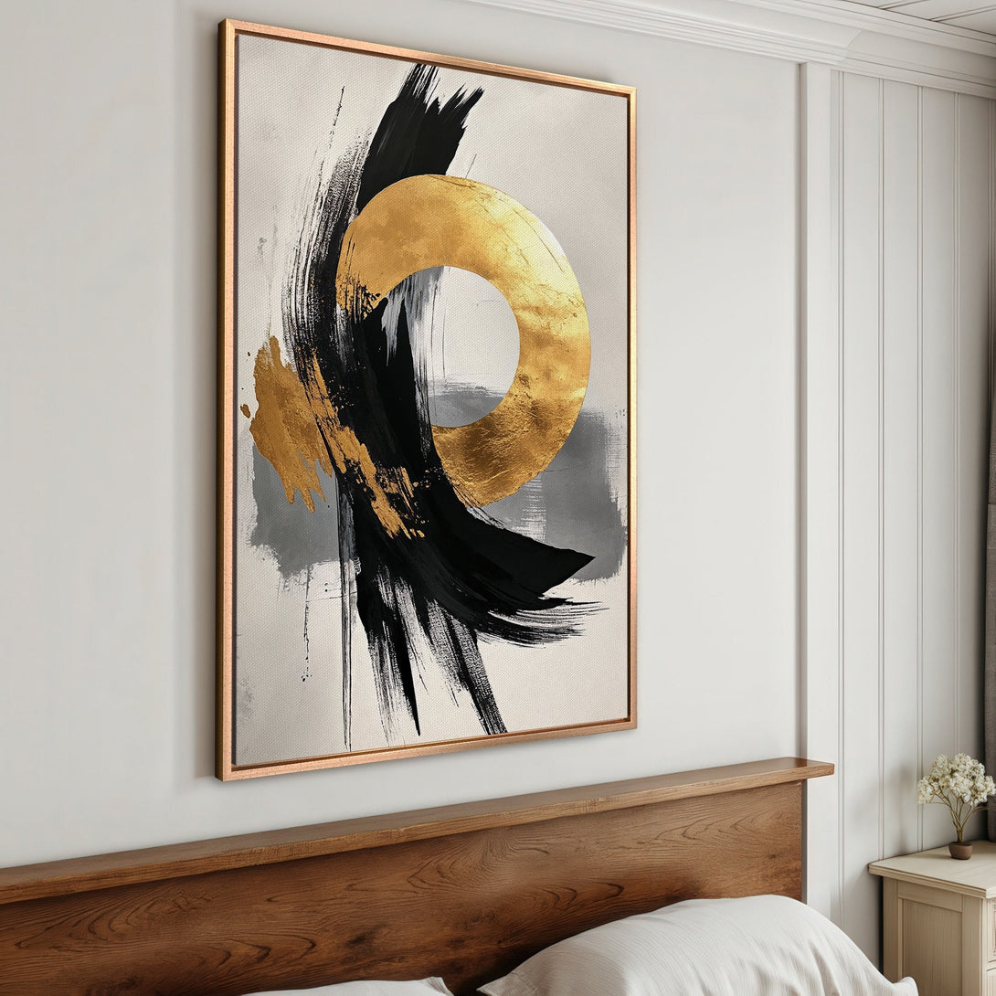 Framed Wall Art: Modern abstract canvas print with gold, black, and gray brushstrokes. Perfect for adding a touch of elegance to your bedroom decor.
