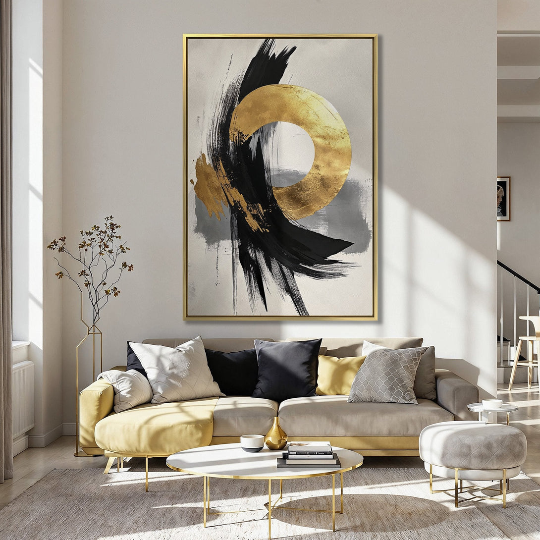 Abstract Canvas Print with gold, black, and gray brushstrokes. Modern wall art in a kitchen setting. Adds a touch of elegance to any space.