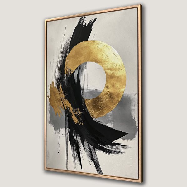 Framed Wall Art: Abstract gold, black, and gray brushstroke design. Modern canvas print with a neutral color palette, perfect for minimalist decor.