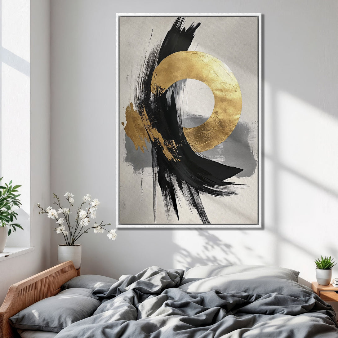 Framed Wall Art: Abstract gold and black brushstroke art. Modern canvas print with neutral color palette, perfect for bedroom decor and adding artistic flair.