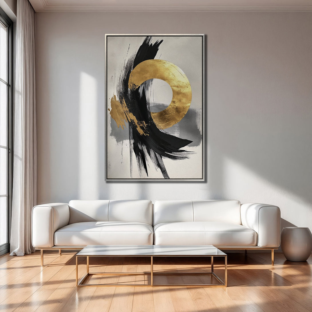 Framed Wall Art: Abstract gold, black, and gray brushstroke art. Modern canvas print adds a touch of luxury to any living room.
