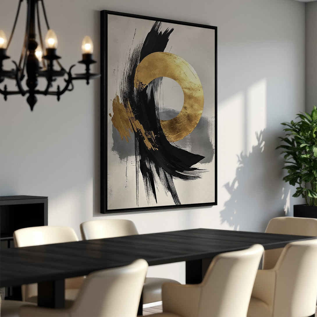 Framed Wall Art: Abstract gold and black brushstroke art in a dining room. Modern canvas print with neutral color palette, perfect for home decor.