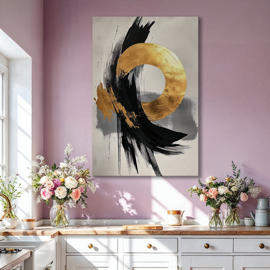 Framed Wall Art: Abstract gold, black, and gray brushstroke design. Modern canvas print adds a touch of luxury to any living room. Shop now!