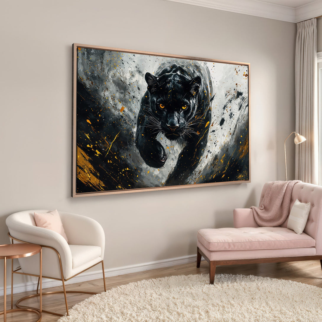 Framed Wall Art: Abstract black panther canvas print with gold accents. Modern art in a neutral interior with a pink chaise lounge.