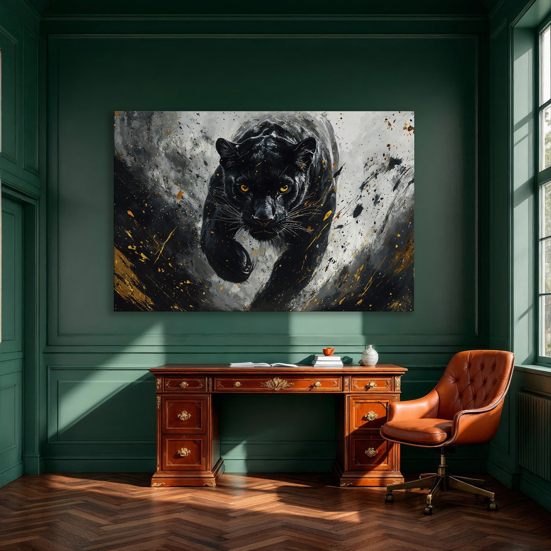 Framed Wall Art: Abstract black panther canvas print with gold accents. Modern art in a dining room setting. Dramatic, bold decor.