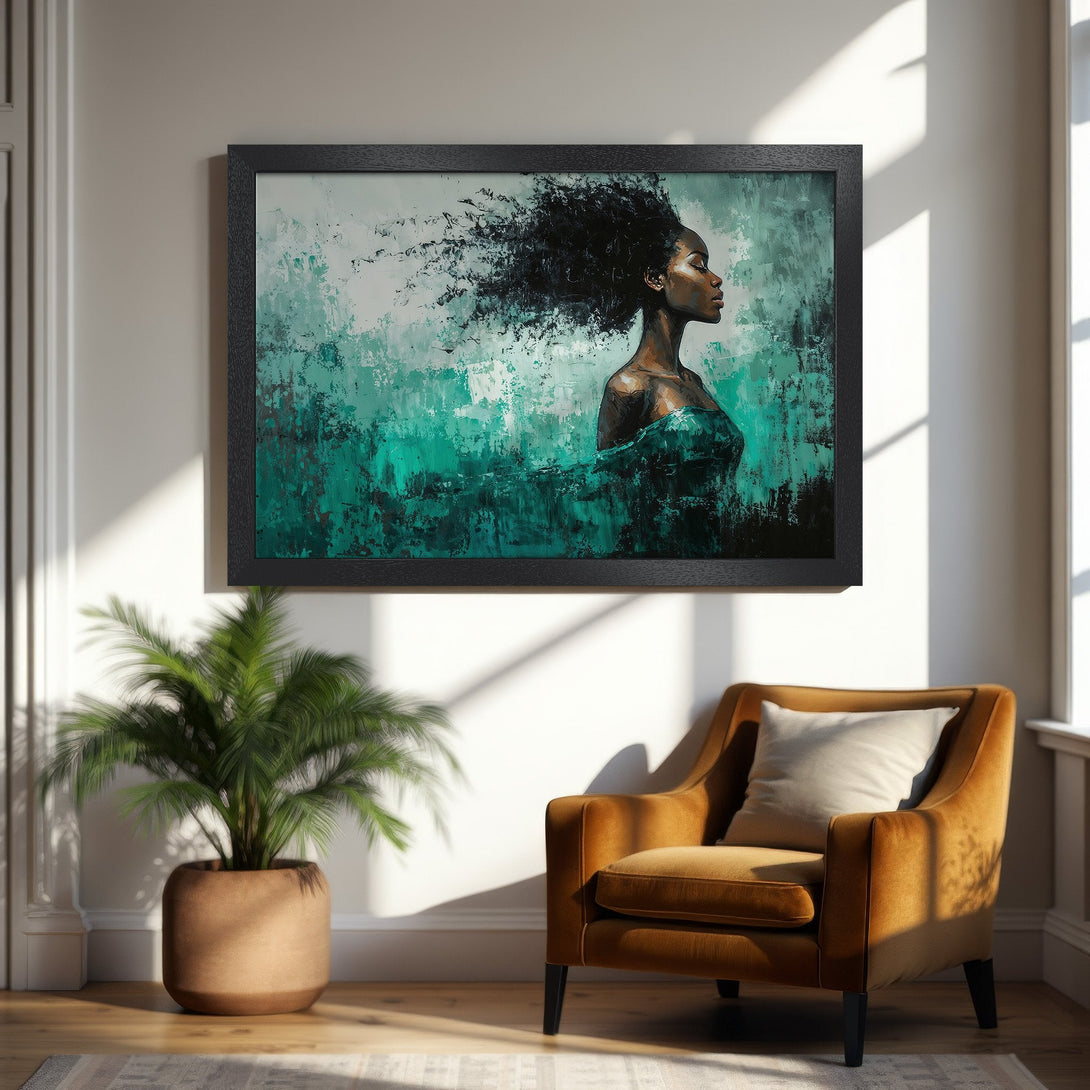 Framed Poster featuring a woman in profile, abstract style with teal and black color palette. Perfect wall art for any room!