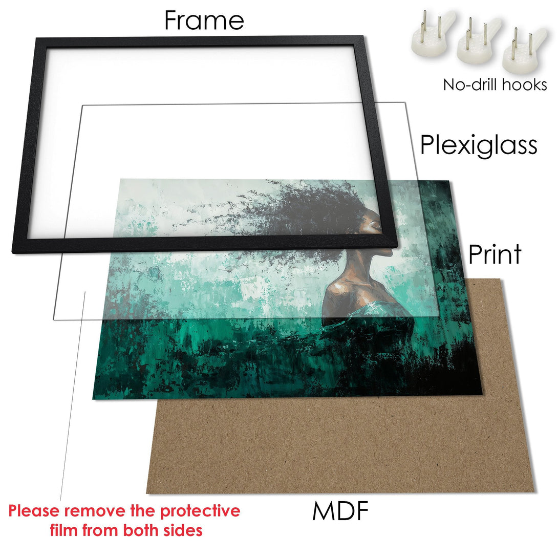 Framed Poster featuring an abstract woman in teal and black. Modern art style, perfect for any space.