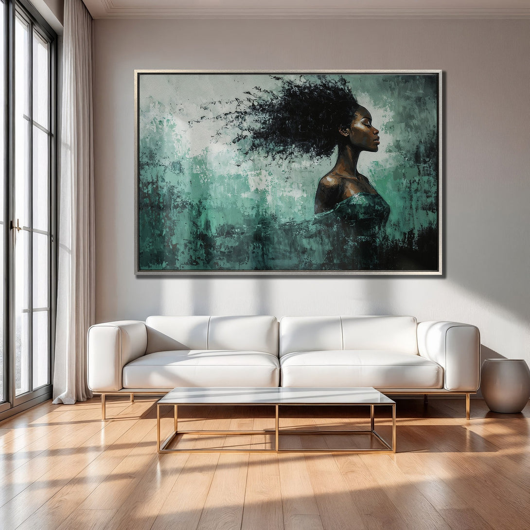 Framed Wall Art: Abstract portrait of a woman in shades of green and black. Modern art perfect for living room decor.