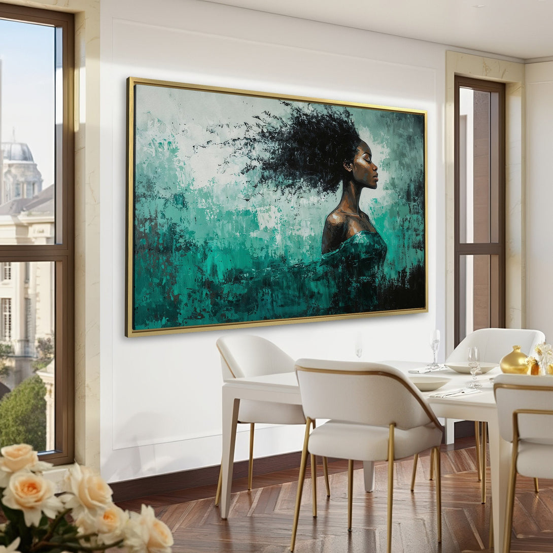 Canvas Print of a woman with flowing hair in teal and white, displayed in a green-walled office. Modern art, perfect for home decor.