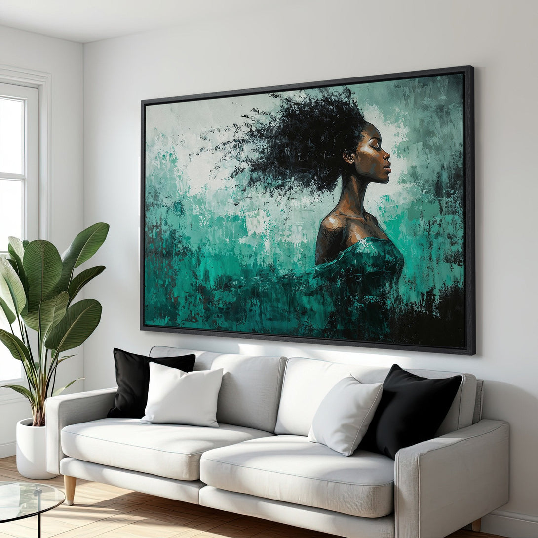 Framed Wall Art: Abstract portrait in teal and black. Modern Canvas Print adds elegance to any room. Shop now for stunning wall decor!