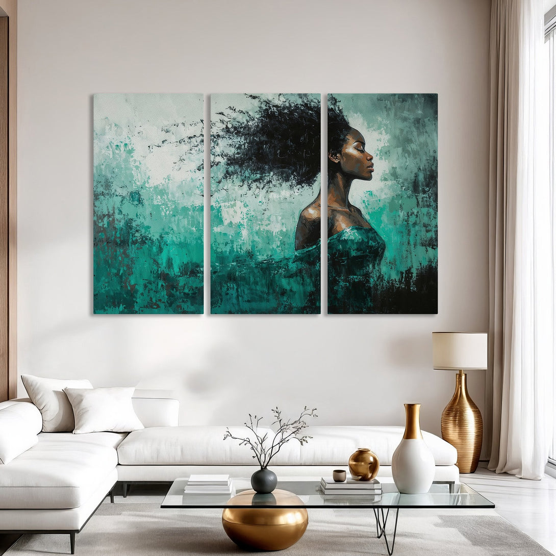 Canvas Print of an elegant woman with flowing hair, abstract style, teal and black color palette. Perfect wall art for modern homes.