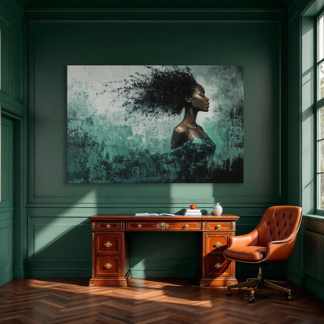 Framed Wall Art: Abstract portrait in teal & black. Modern canvas print adds elegance to dining room decor. Shop now for stunning wall art!