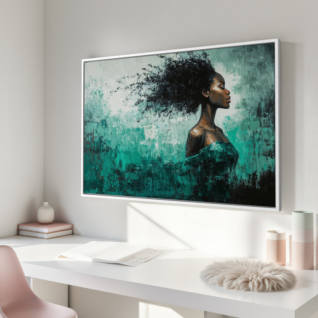Framed Wall Art: Abstract portrait of a woman in teal and black. Modern art canvas print for home decor with a calming, elegant feel.