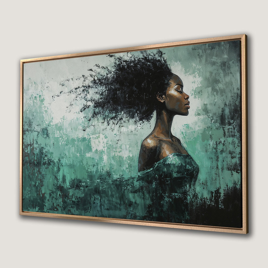 Framed Wall Art: Abstract portrait of a woman with flowing hair, teal & black color palette. Modern canvas print for home decor.