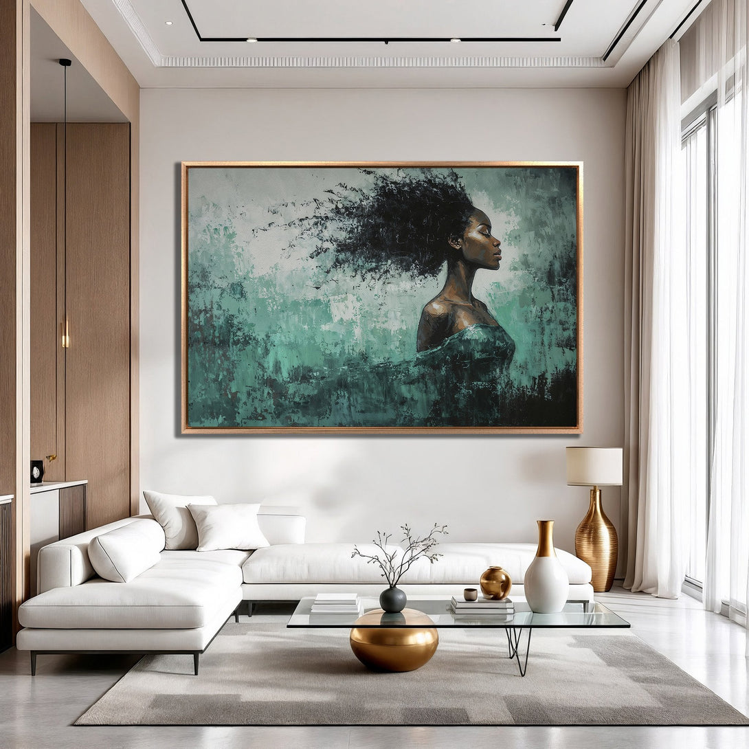 Framed Wall Art: Abstract portrait of a woman in teal and black. Modern art canvas print adds elegance to any interior.