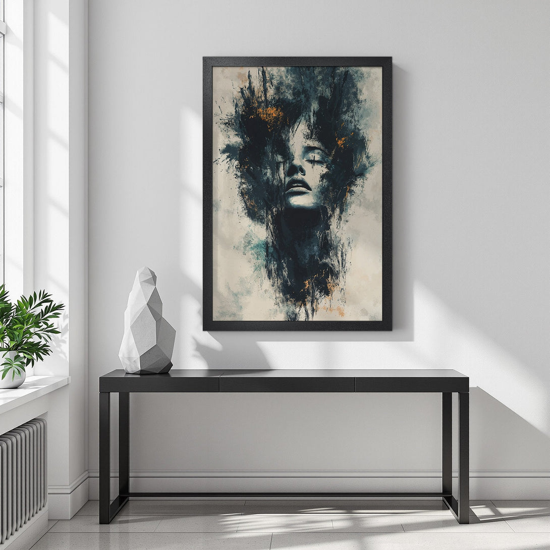Framed Poster featuring an abstract woman's face in a moody, dark blue and gold color palette. Perfect wall art!