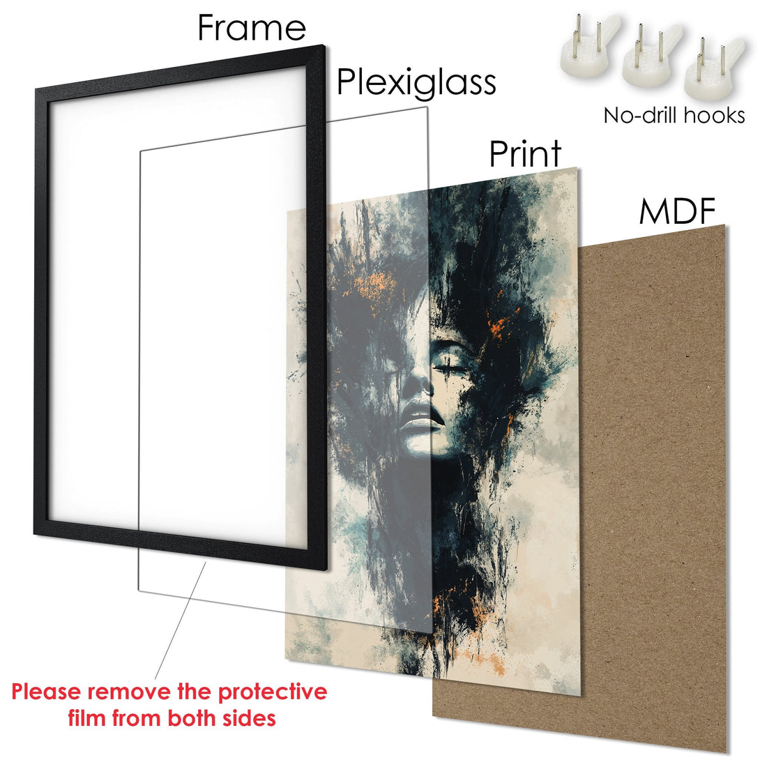 Framed Poster featuring an abstract woman's face in a black frame. Artistic style with a dark, moody color palette. Ready to hang art.