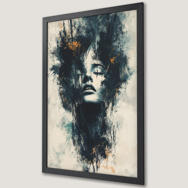 Framed Poster featuring an abstract portrait with a blue, gold, and beige color palette. Modern art for your home decor.