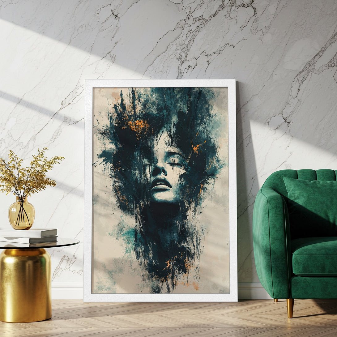Framed Poster featuring abstract female portrait. Artistic style with teal, gold, and neutral tones. Perfect wall art for modern decor.