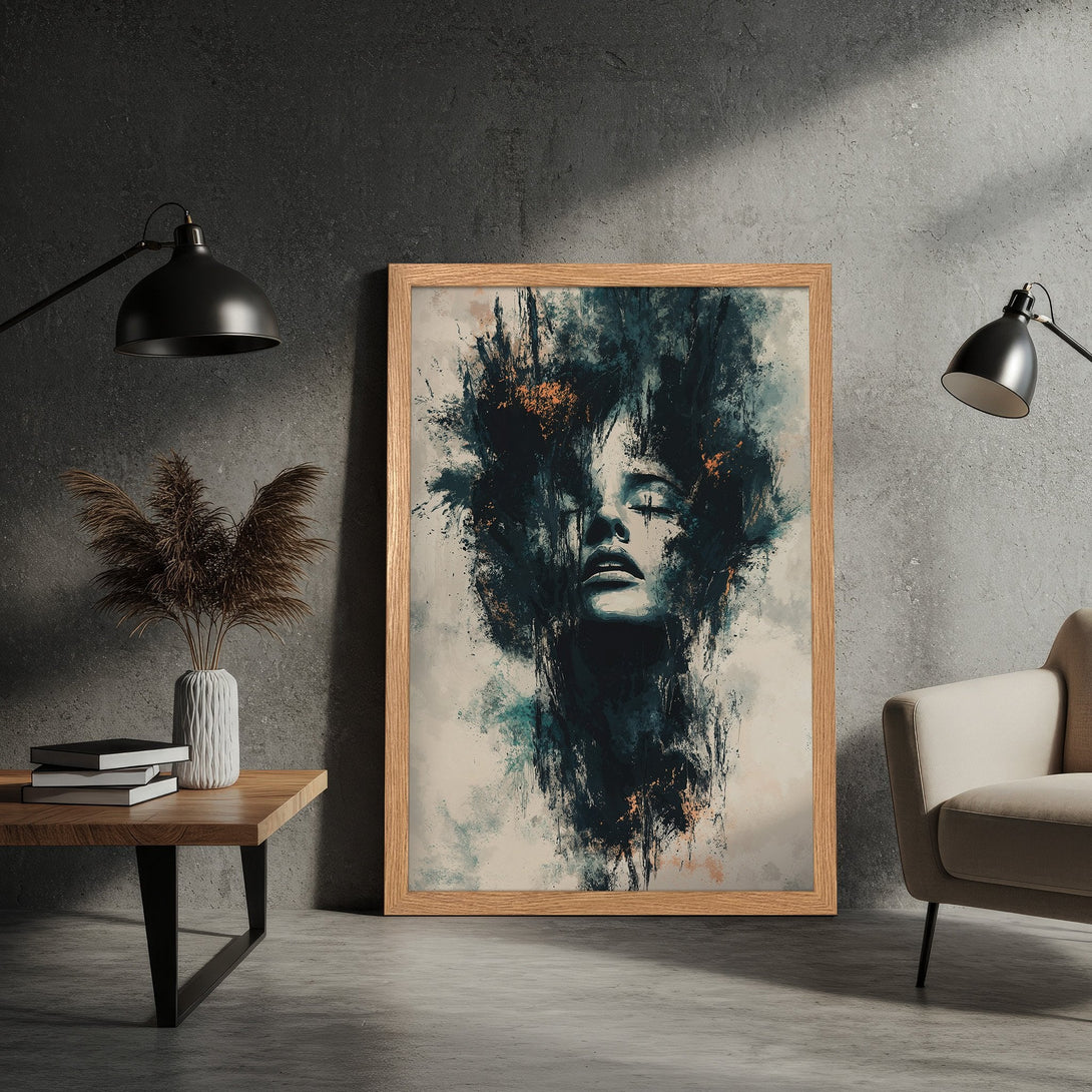 Framed Poster featuring an abstract woman's face. Dark teal, gold, and neutral tones in a modern art style. Perfect wall decor!