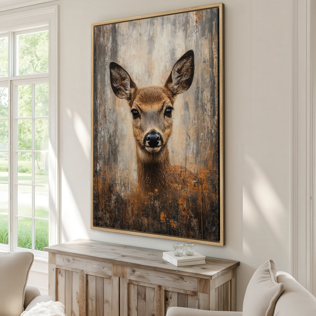 Framed Wall Art: Stunning deer portrait in warm brown and gray tones. Rustic, textured canvas print adds a touch of nature to your home decor. Shop now!