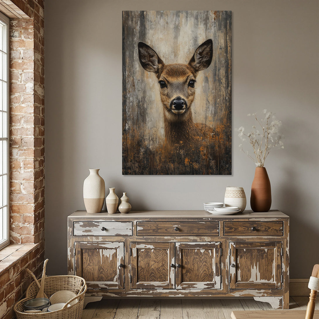 Framed Wall Art: Stunning deer portrait in warm brown & gray tones. Rustic style Canvas Print adds charm to any dining room decor.
