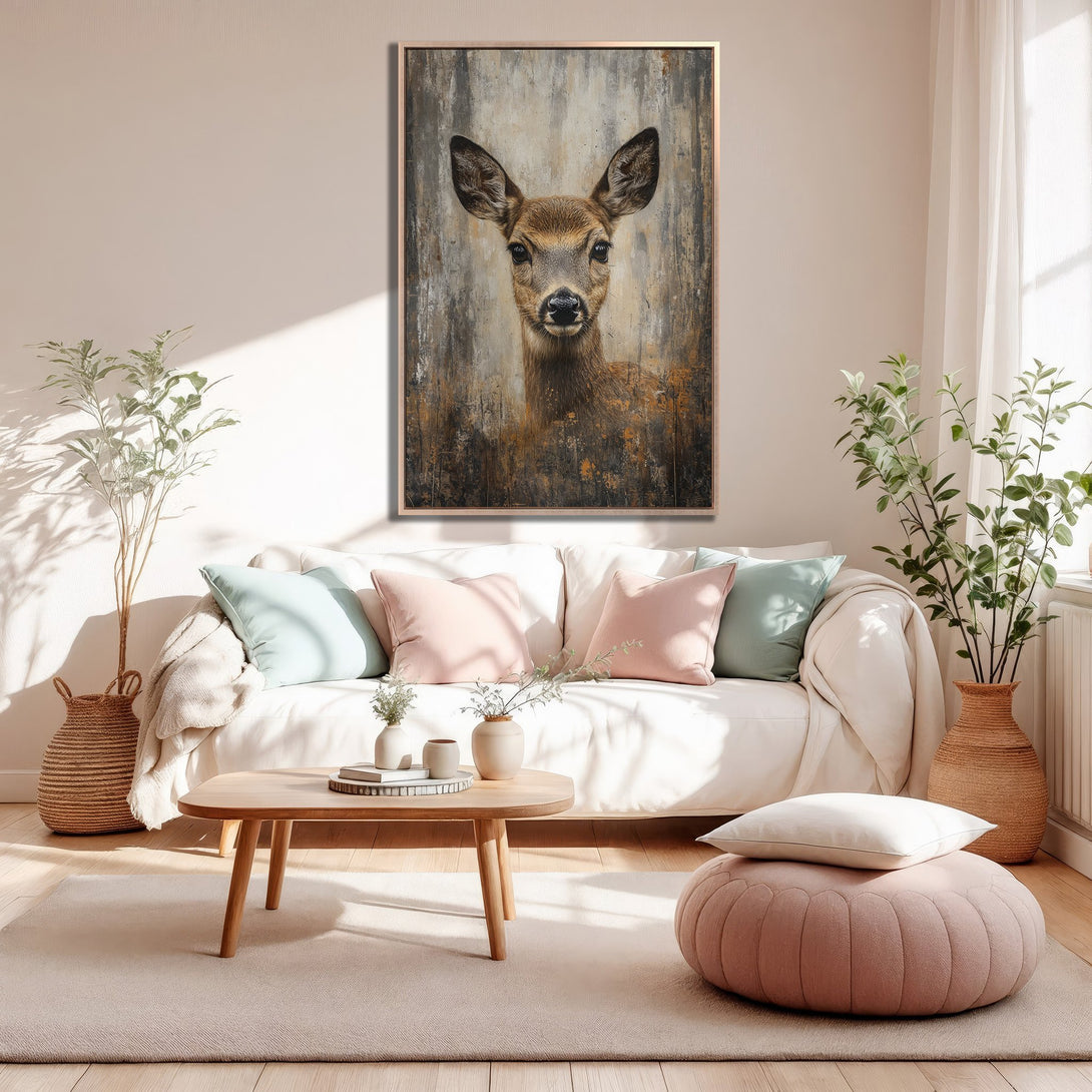 Framed Wall Art featuring a deer portrait in neutral tones. Rustic style with a warm, earthy color palette, perfect for adding a touch of nature to your home.