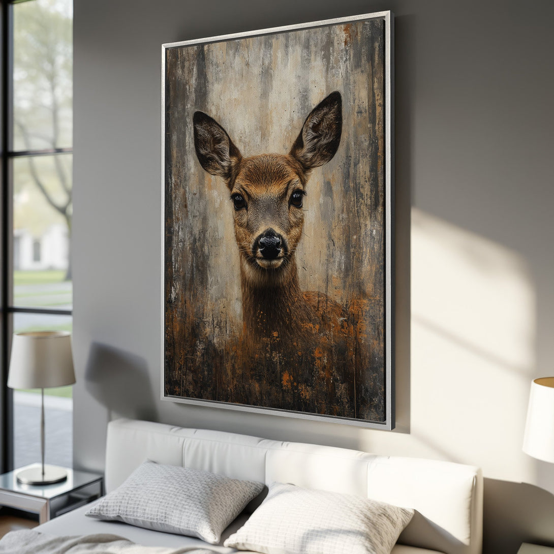 Framed Wall Art: Stunning deer portrait in warm brown tones. Rustic art print adds a touch of nature to any room. Shop now for unique wall decor!