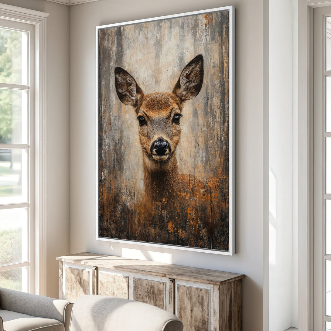 Framed Wall Art: Deer portrait in rustic style. Warm brown and neutral color palette. Perfect for adding a touch of nature to your home decor.