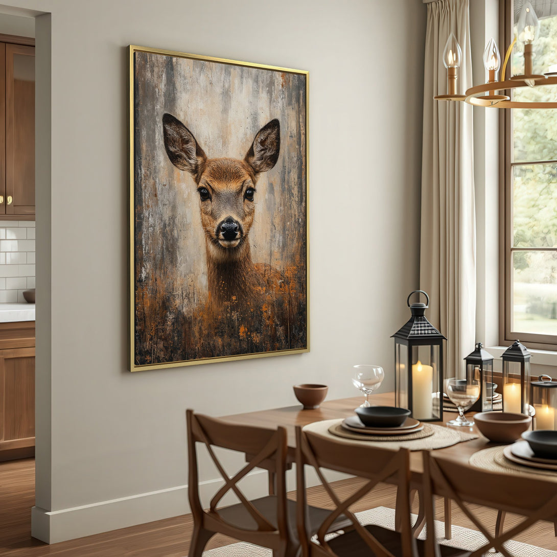 Canvas Print of a deer portrait in a rustic style with warm brown and neutral tones, perfect for adding a touch of nature to your home.
