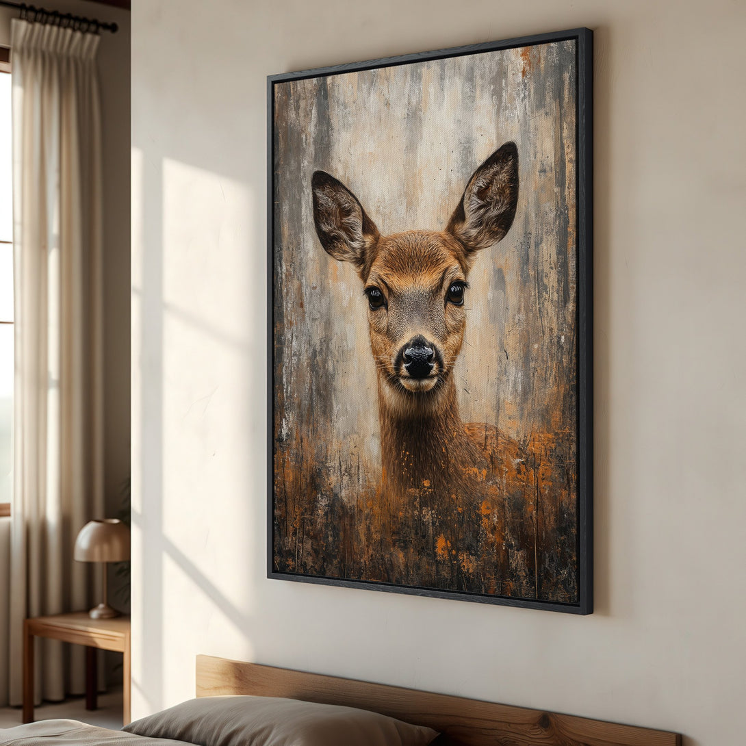 Framed Wall Art: Rustic deer portrait in warm brown and orange tones. Perfect for adding a touch of nature and style to your home decor.