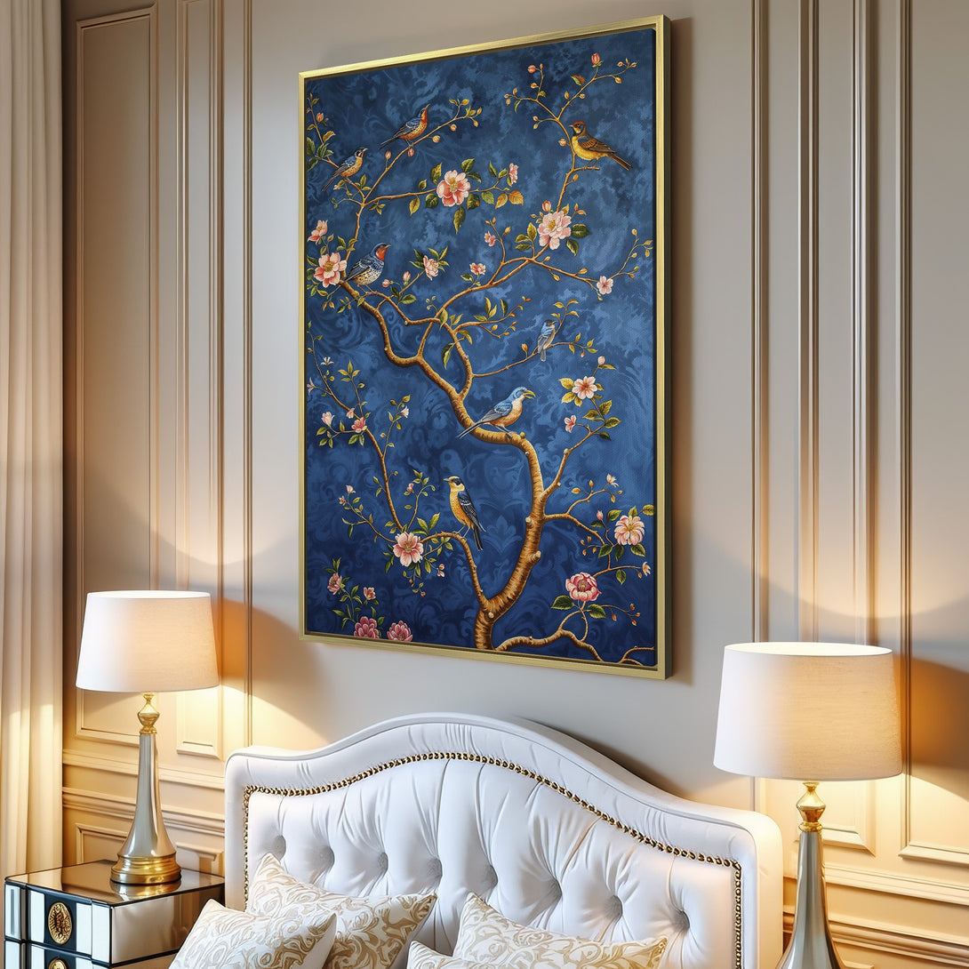 Canvas Print of a floral and bird design in a classic style, featuring a blue, gold, and pink color palette. Perfect wall art for your home!