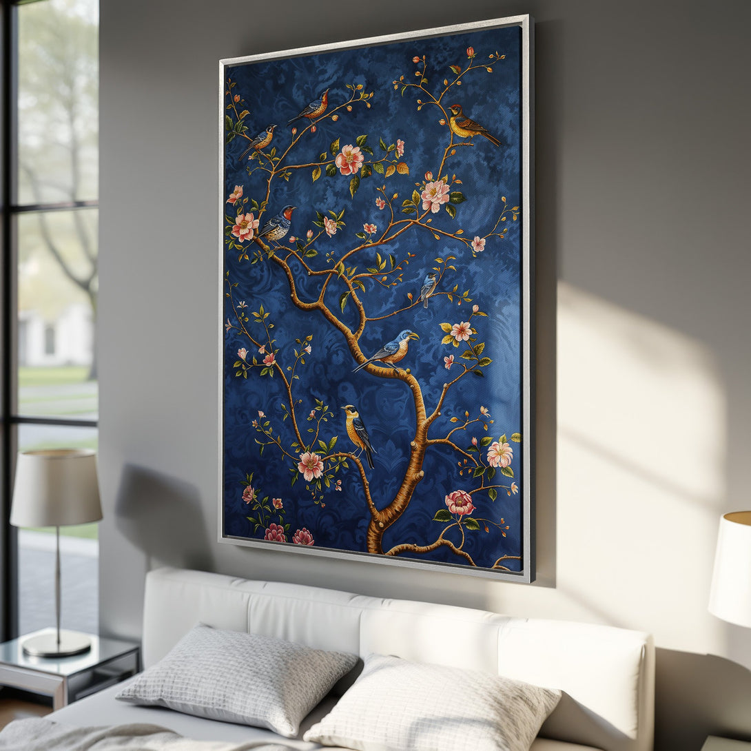 Framed Wall Art: Elegant floral and bird canvas print in a luxurious blue, pink, and gold color palette. Perfect for adding a touch of sophistication to any room.