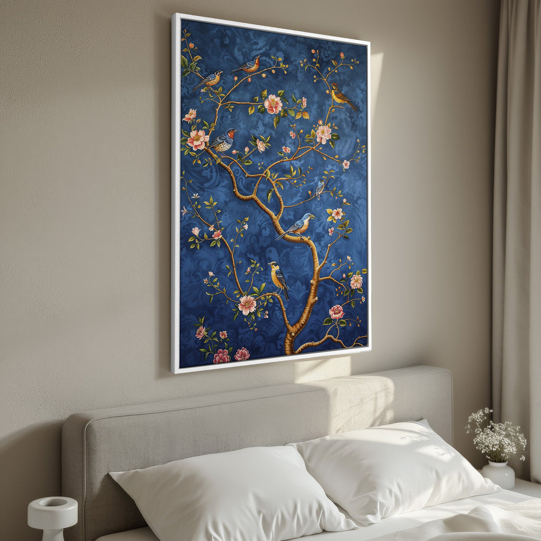 Framed Wall Art: Elegant floral & bird design in a rich blue, gold, and pink color palette. Perfect for adding a touch of sophistication to your home decor.