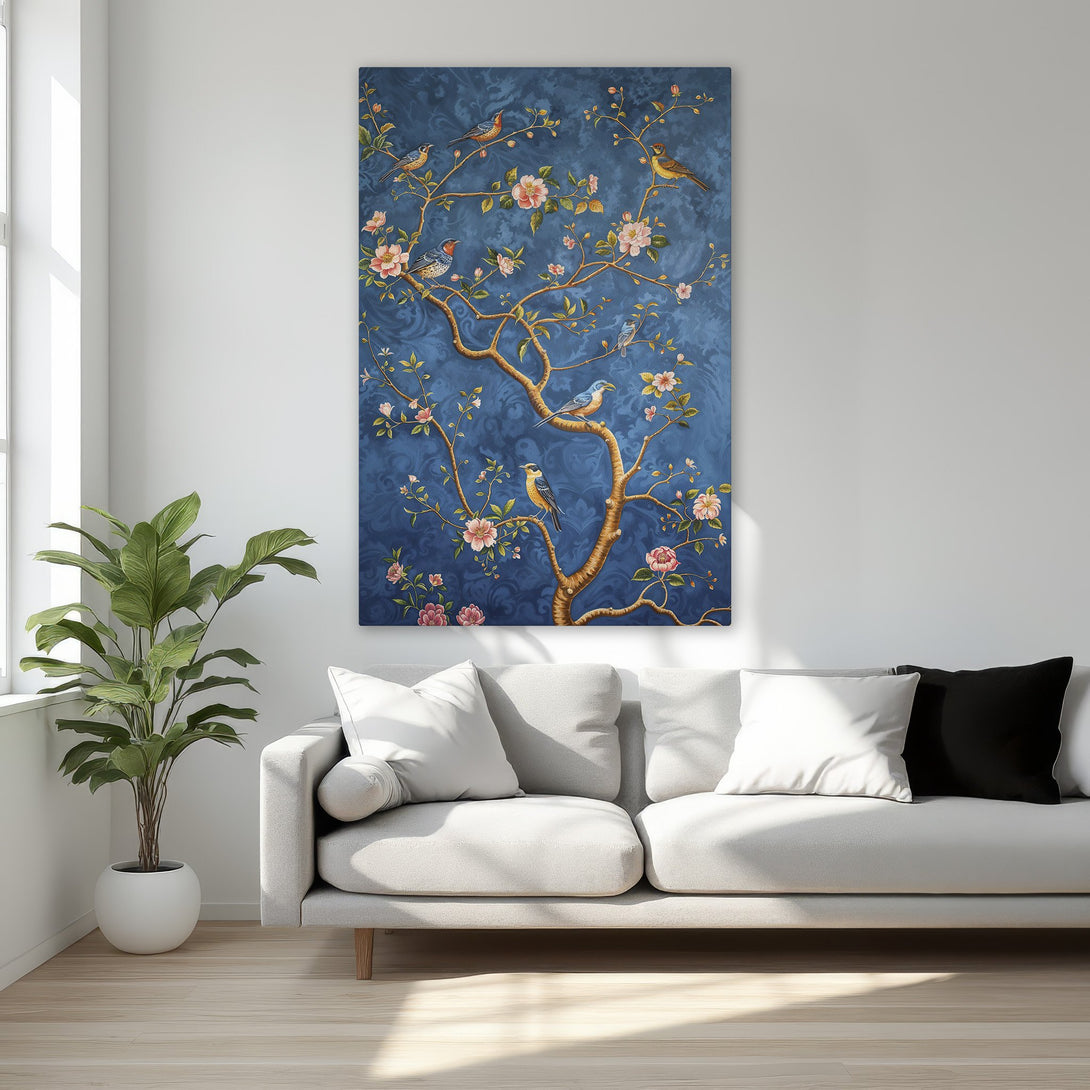 Framed Wall Art: Elegant blue floral canvas print with birds. Classic style, gold frame, and a calming color palette for bedroom decor.