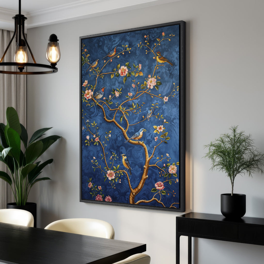 Framed Wall Art featuring a vibrant blue floral and bird design. Elegant, traditional style with a rich blue, gold, and pink color palette. Perfect for adding a touch of sophistication.