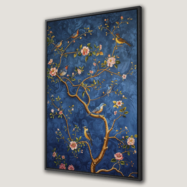 Framed Wall Art featuring a vibrant floral and bird design with a rich blue and gold color palette, perfect for adding elegance to any space.