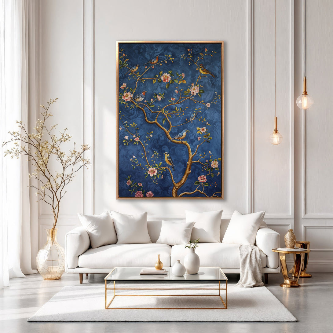 Framed Wall Art: Elegant blue floral tree print with birds. Adds a touch of sophistication to any living room. Beautiful color palette. Shop now!