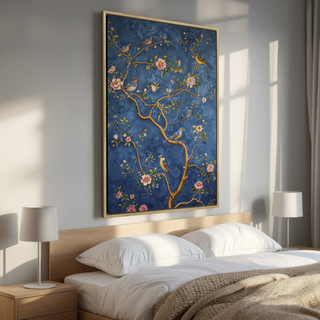 Framed Wall Art: Elegant blue floral and bird canvas print. Perfect bedroom decor with a vintage style and a calming color palette.