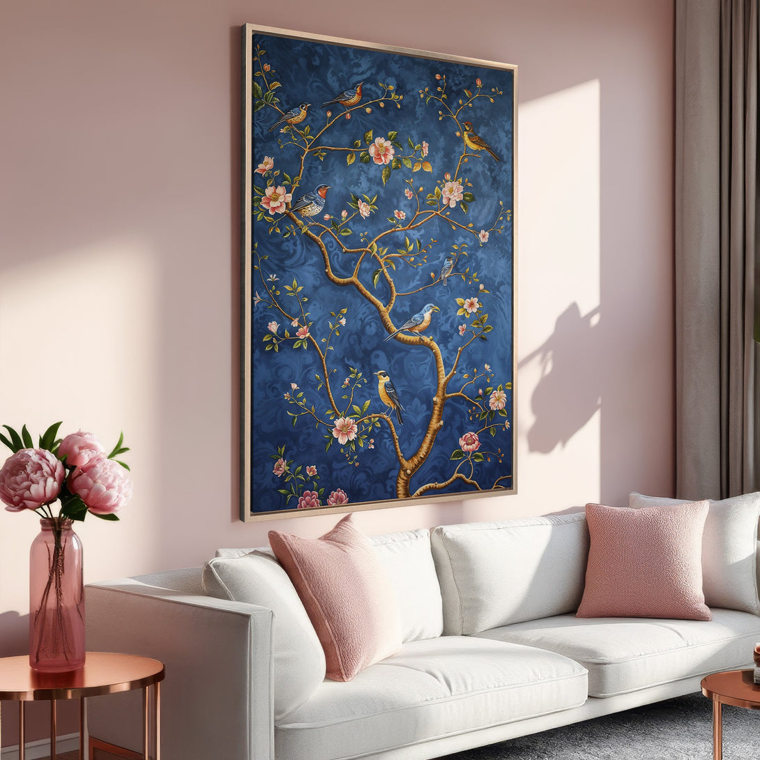 Framed Wall Art: Elegant bird & floral design in a blue & gold color palette. Perfect for adding a touch of sophistication to your living room. Shop now!