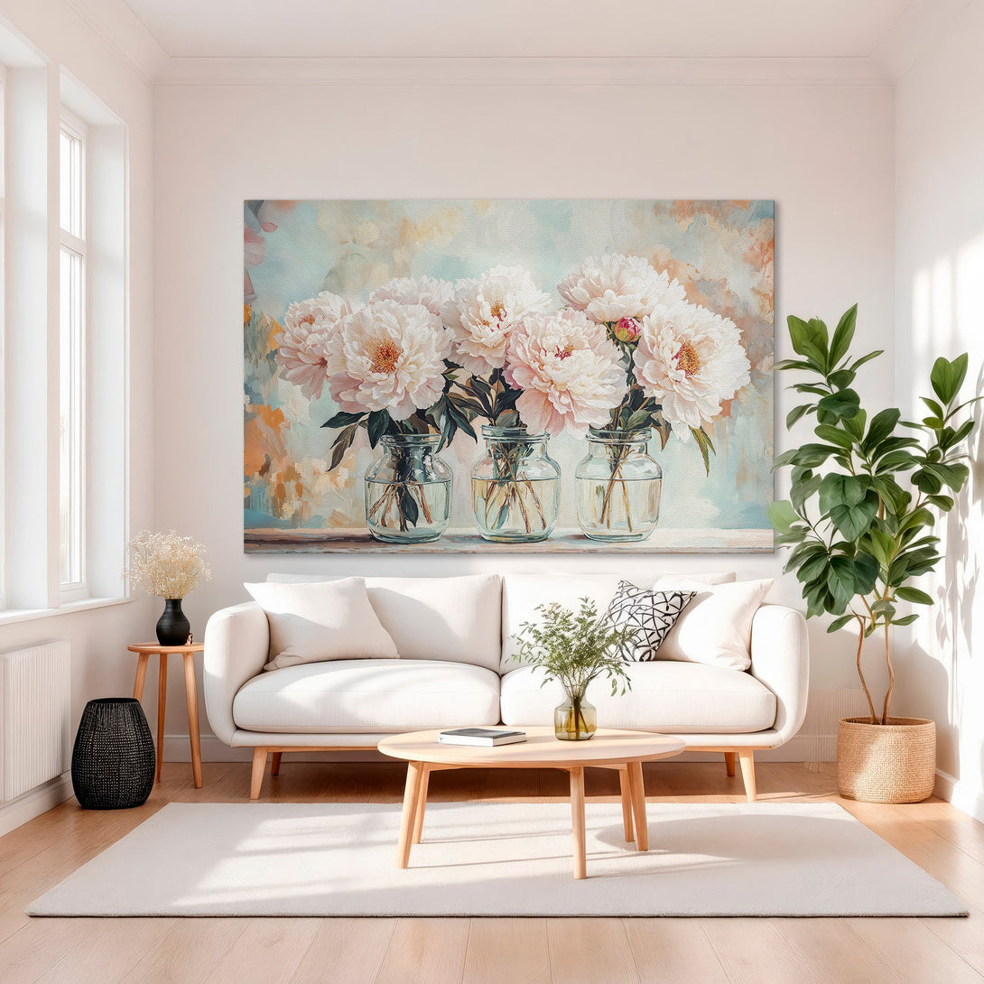 Framed Wall Art: Elegant peony painting in soft pinks and golds. Adds a touch of floral beauty to any room. Perfect for living room decor.