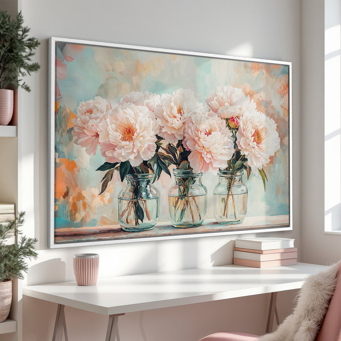 Canvas Print of peonies in vases, soft pastel colors. Floral wall art adds a touch of elegance to any room.