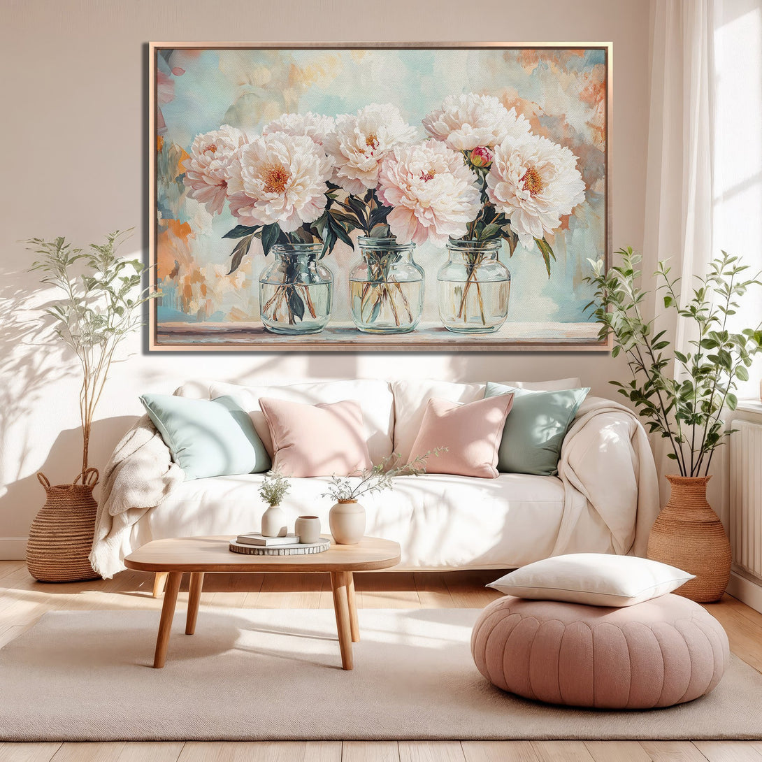 Framed Wall Art featuring a floral watercolor painting of peonies in soft pink and blue hues, perfect for adding a touch of elegance.