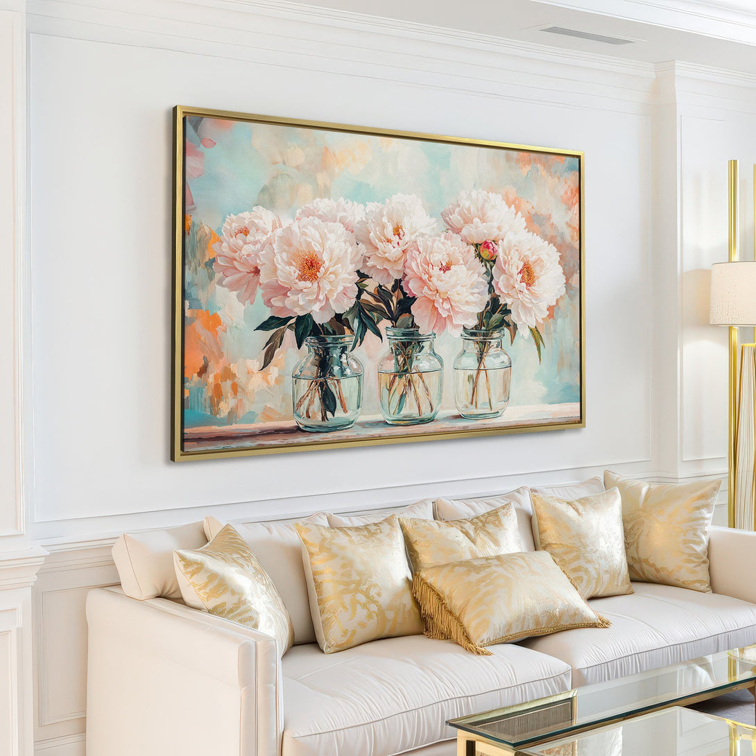 Canvas Print of peonies in vases. Soft, pastel color palette. Perfect for adding a touch of elegance to your living room decor.