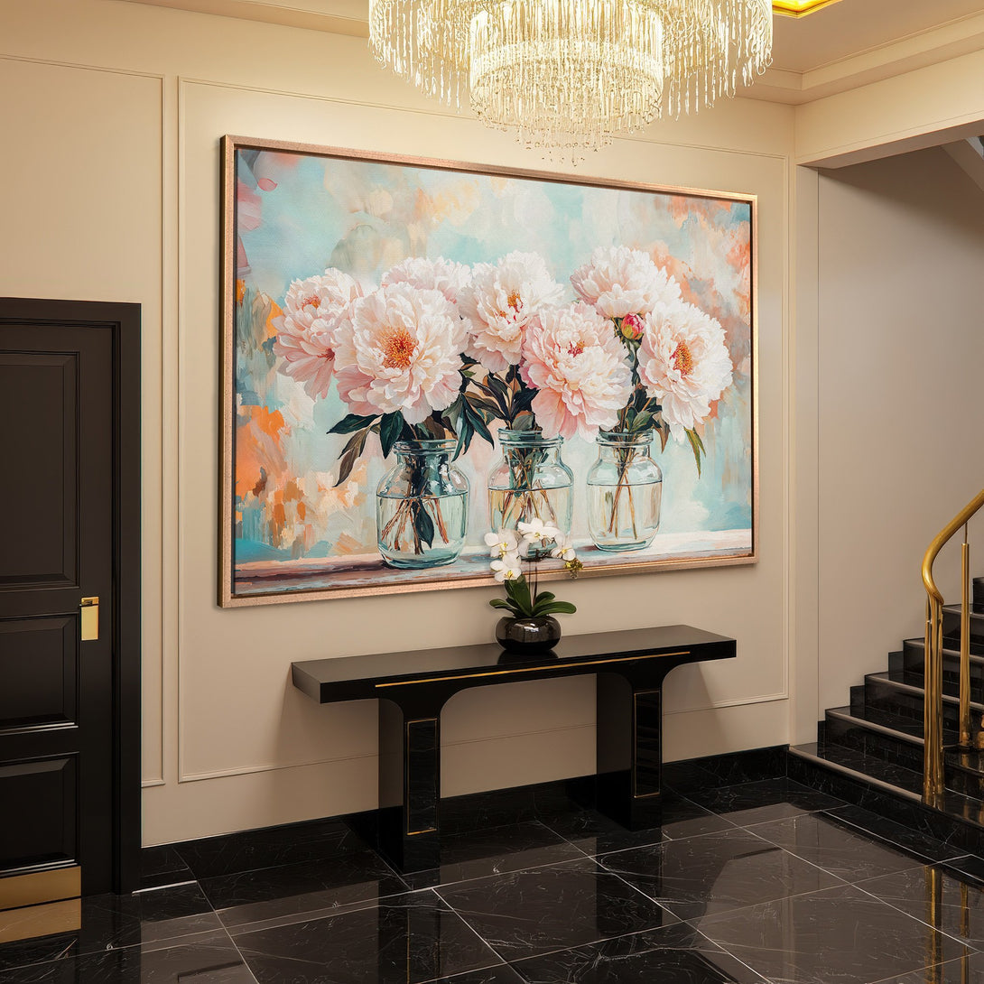Framed Wall Art: Elegant floral canvas print in a modern entryway. Features soft, pastel colors and a sophisticated, classic style.